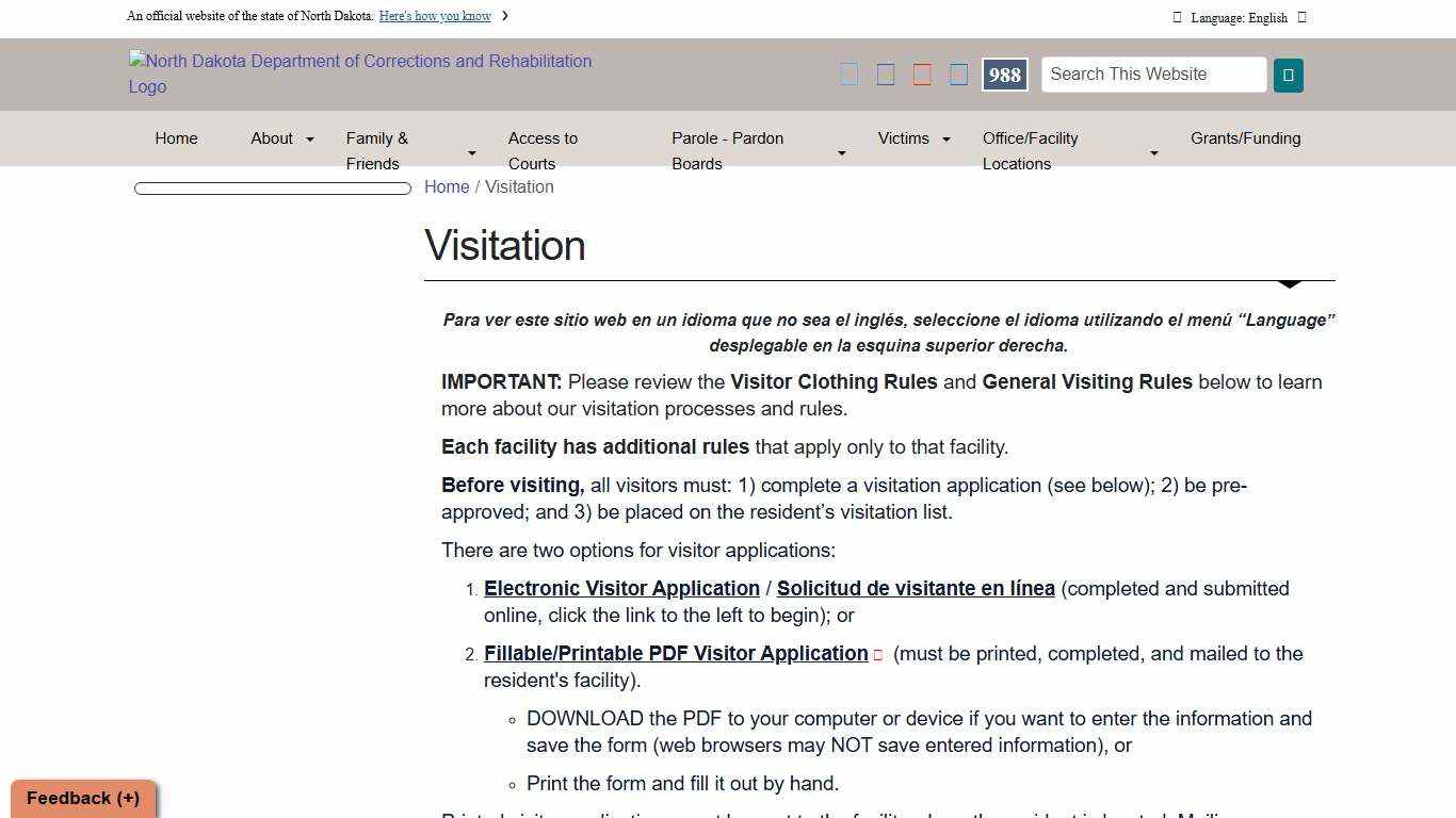 Visitation | North Dakota Department of Corrections and Rehabilitation